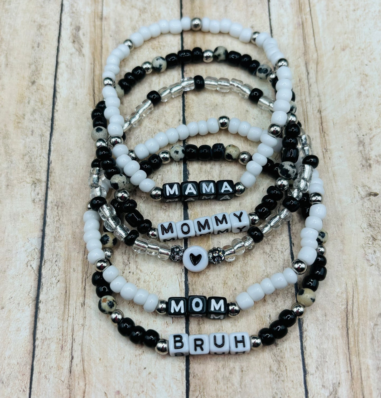 “Mama, Mommy, Mom, Bruh” Bracelet stack