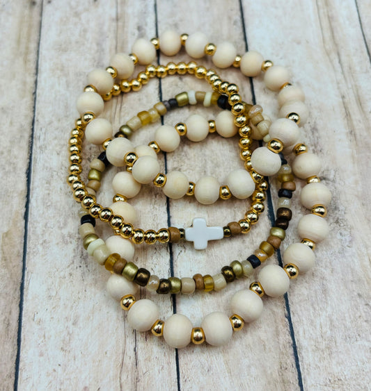 “Wooden Cross Natural” beaded bracelet stack