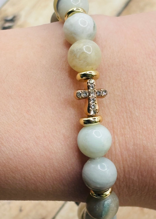 “Natural Stone Rhinestone Cross” Bracelet Single