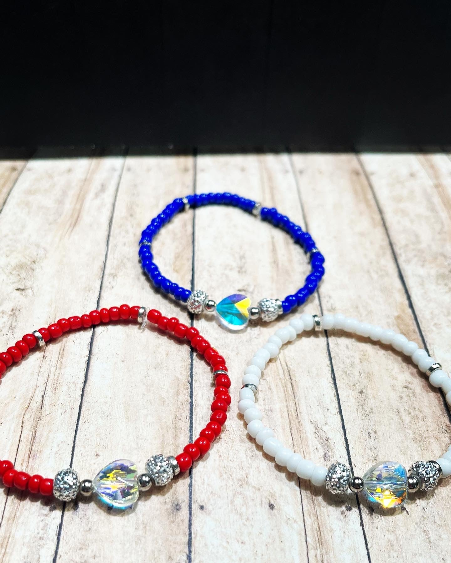 “Red, White, Blue Crystal” heart single bracelets